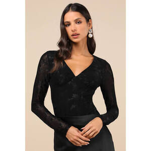 Lulus Chicly Mesmerizing Black Mesh Burnout Long Sleeve Bodysuit - Size S